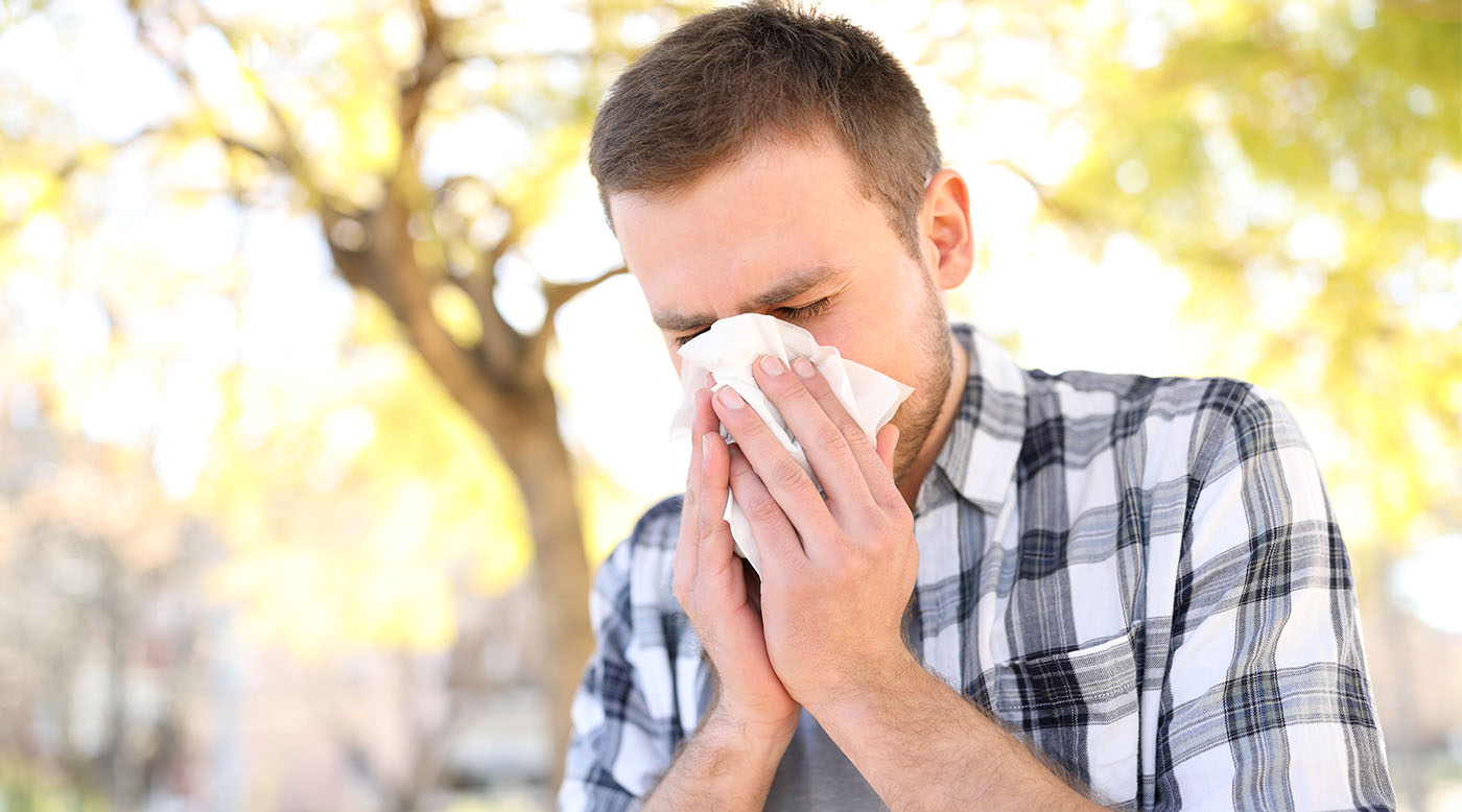 Person niest im Frühling, Allergiesaison, Pollen in der Luft